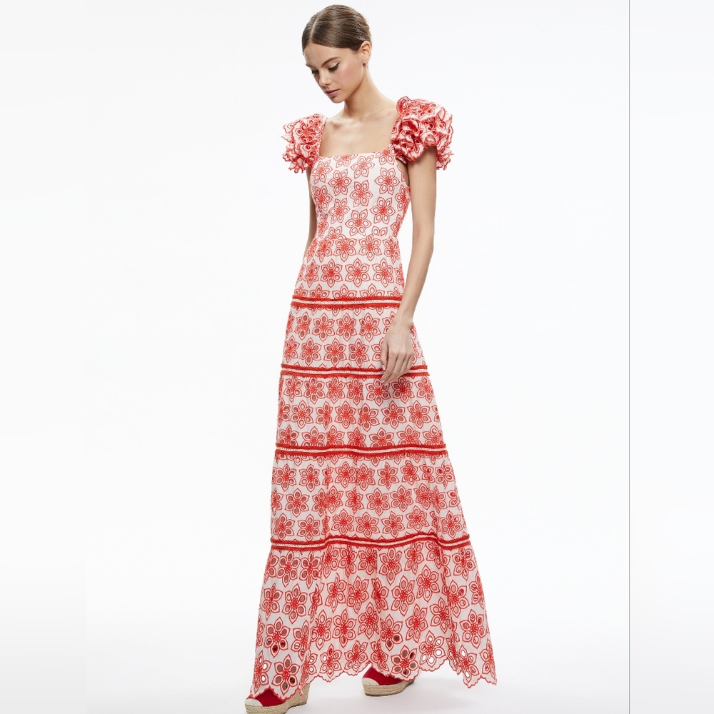 Alice + Olivia White Maxi Dress with Red Floral Eyelet Pattern